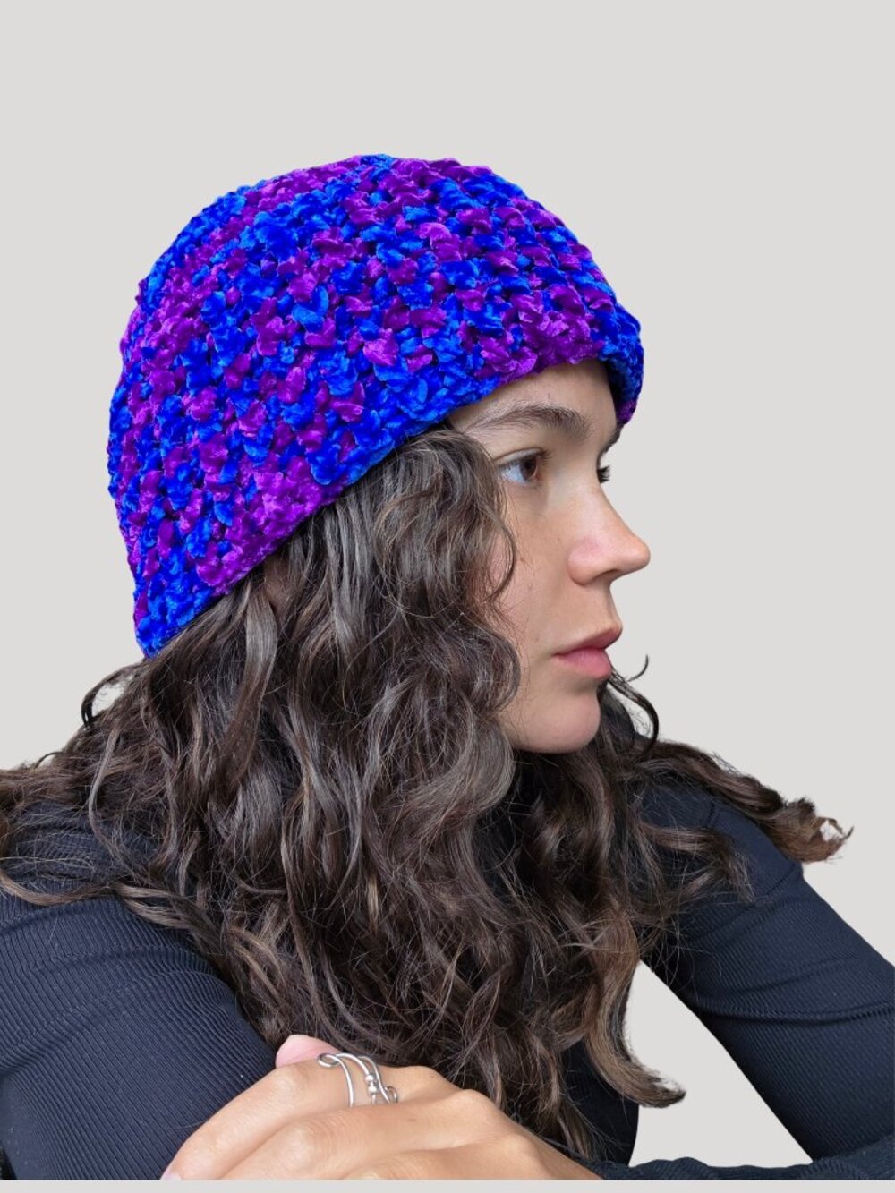 Cozy Crocheted Velvet Beanie Hat Two Tone Royal Blue & Purple Adult Medium